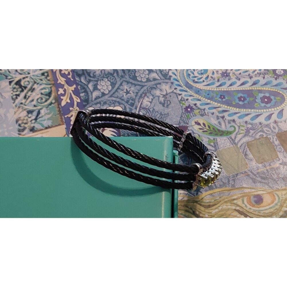 5 Carat Artisan Round Cut Genuine Lime Peridot Black Cable Rope Cuff Bracelert - Picture 2 of 6